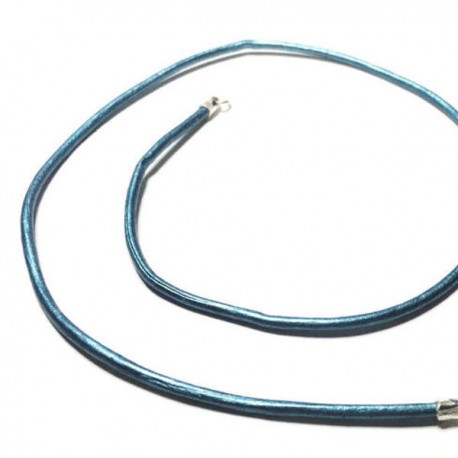 Collier cordon cuir bleu métallisé fermoir argent 925 longueur 38 cm