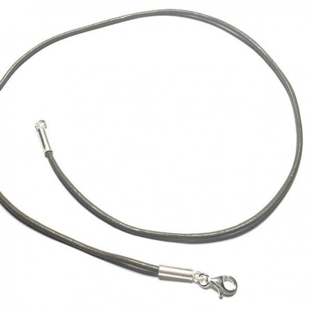 Collier cordon cuir gris sombre fermoir argent 925 longueur 50 cm