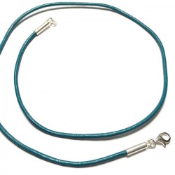 Collier cordon cuir bleu vert turquoise fermoir argent 925 longueur 42 cm