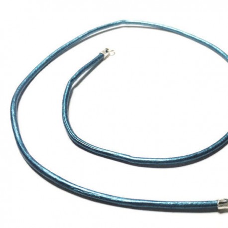 Collier cordon cuir bleu métallisé fermoir argent 925 longueur 50 cm