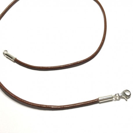 Collier cordon cuir marron fermoir argent 925 diamètre 2 mm longueur 42 cm