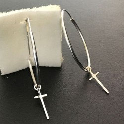 Boucles d'oreilles créoles argent 925/000 diamètre 35 mm pendants croix 