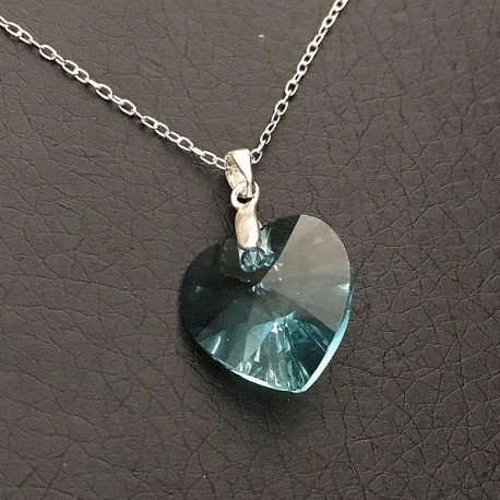 Collier argent 925/000 pendentif coeur cristal Swarovski bleu turquoise