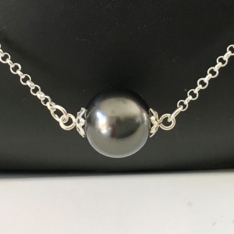 Collier pendentif perle nacrée noire Swarovski et argent 925/000 