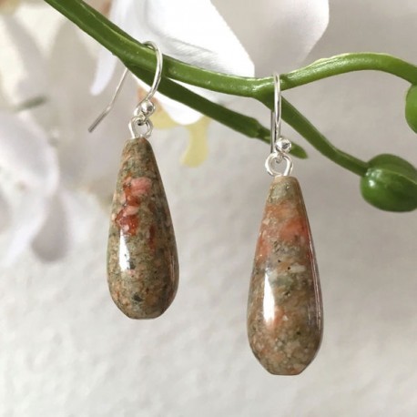 Boucles d'oreilles gouttes pierre narurelle unakite et argent 925/000