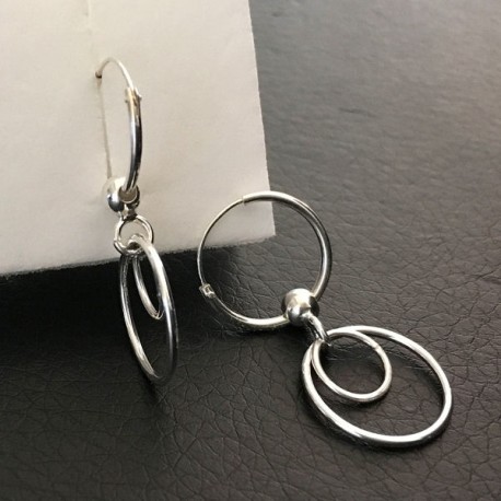 Boucles d'oreilles argent 925 créoles 14 mm pendants double anneaux