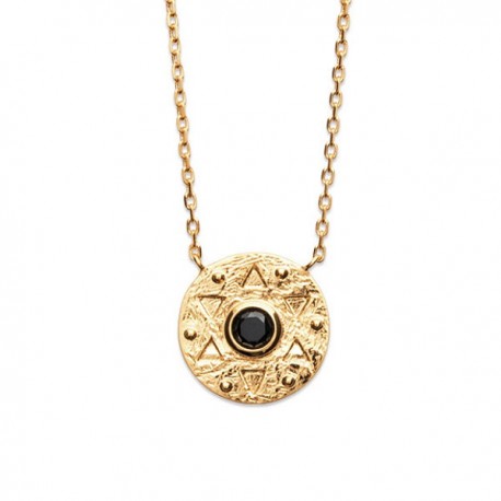 Collier pendentif rond antique en plaqué or 18 carats et pierre noire