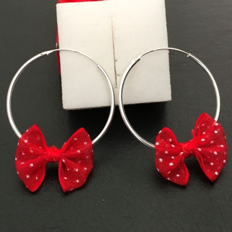 Boucles d'oreilles créoles en argent 925/000 noeud rouge textile