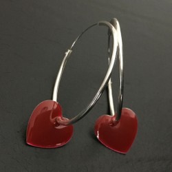 Boucles d'oreilles argent massif 925/000 coeurs en émail rouge foncé