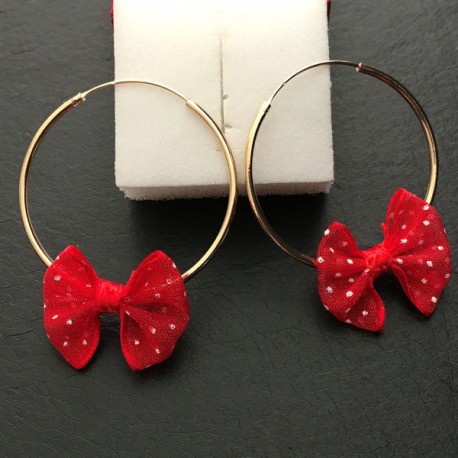 Boucles d'oreilles créoles plaqué or 18 carats noeuds rouge organza