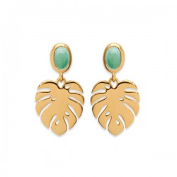 Boucles d'oreilles feuilles Plaqué Or 18 carats pierre naturelle aventurine