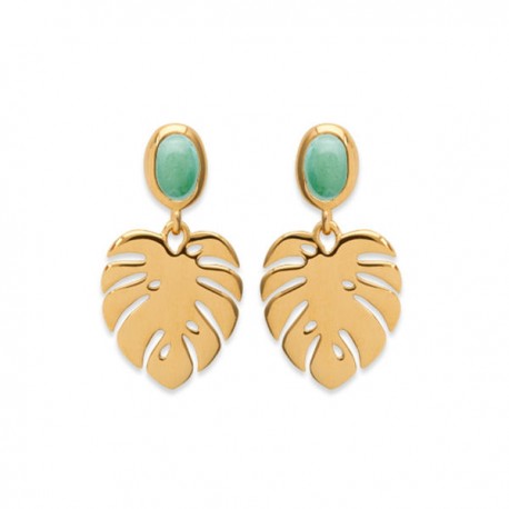 Boucles d'oreilles feuilles Plaqué Or 18 carats pierre naturelle aventurine