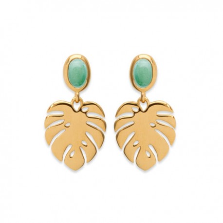 Boucles d'oreilles feuilles Plaqué Or 18 carats pierre naturelle aventurine