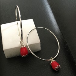 Boucles d'oreilles argent 925/000 créoles pendants goutte corail véritable