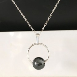 Collier argent 925/000 pendentif cercle boule hématite sur chaine 42 cm