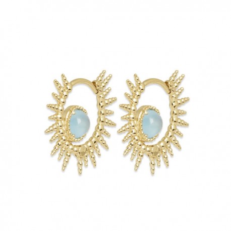 Boucles d'oreilles créoles soleil plaqué or 18 carats pierre agate bleue
