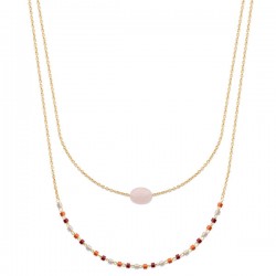 Collier Plaqué Or 18 carats 2 rangs petite pierre naturelle quartz rose 