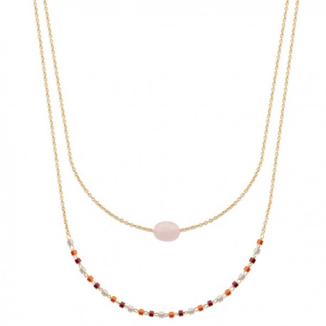 Collier Plaqué Or 18 carats 2 rangs petite pierre naturelle quartz rose 