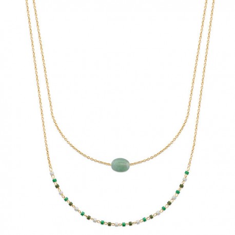 Collier Plaqué Or 18 carats 2 rangs petite pierre naturelle aventurine