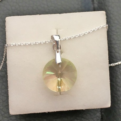 Collier argent 925/000 pendentif rond cristal Swarovski vert lumineux 