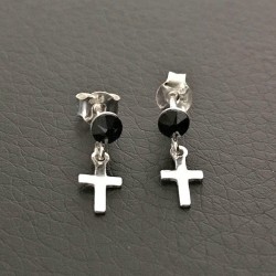 Boucles d'oreilles argent 925 puces cristal noir Swarovski et petites croix