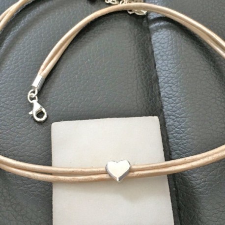 Collier cordon cuir double rangs petit coeur argent 925/000