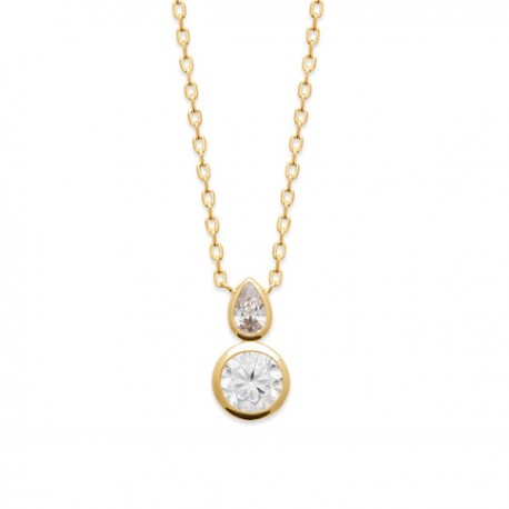 Collier Plaqué Or 18 carats duo zirconium rond et petite goutte