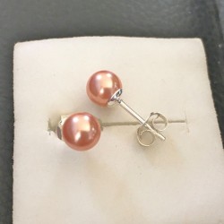 Clous d'oreilles perles nacrées swarovski rose pêche 6 mm et argent 925