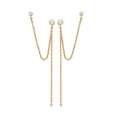 Boucles d'oreilles double chaine en plaqué or 18 carats et zirconium