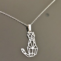 Collier pendentif chat origami argent 925/000 sur fine chaine