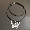 Collier cordon cuir noir pendentif papillon argent massif 925/000