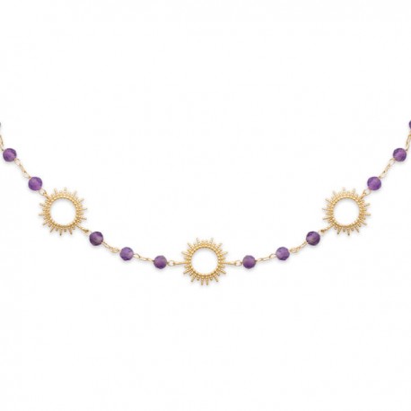 Collier Plaqué Or 18 carats soleils pierres naturelles améthyste