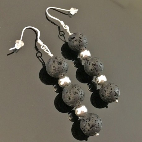 Boucles d'oreilles argent 925/000 pendantes pierres de lave naturelle