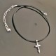 Collier argent 925 ras de cou cordon cuir noir pendentif croix zirconium