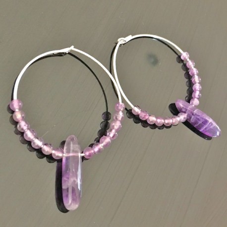 Boucles d'oreilles créoles argent 925 perles et pierres améthystes naturelles