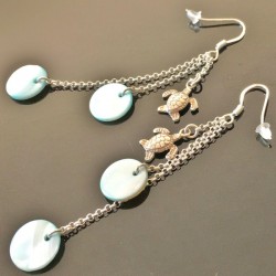 Boucles d'oreilles argent 925/000 pendantes tortues sequins en nacre 