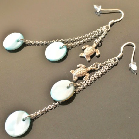 Boucles d'oreilles argent 925/000 pendantes tortues sequins en nacre 