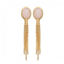 Boucles d'oreilles Plaqué Or 18 carats chainettes pierre naturelle quartz rose