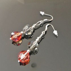 Boucles d'oreilles argent 925/000 perles cristal rouge magma et noir diamant