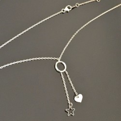 Collier argent massif 925/000 pendant anneau chainettes coeur étoile