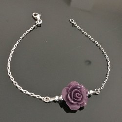 Bracelet fleur en argent 925/000 jolie rose de couleur mauve