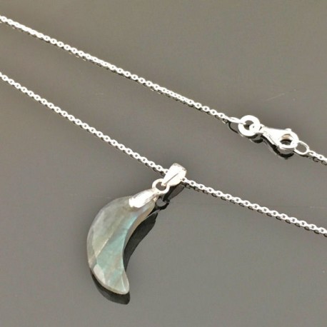 Collier argent 925/000 pendentif demi lune pierre labradorite naturelle