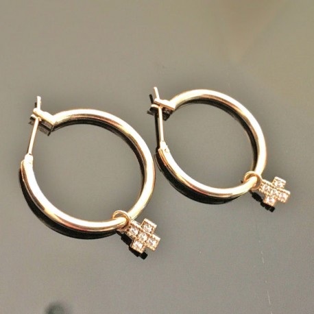 Boucles d'oreilles créoles plaqué or 18 carats pendantes croix zirconium