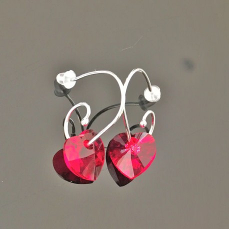 Boucles d'oreilles argent 925/000 petits coeurs cristal rouge siam