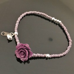 Bracelet argent 925/000 jolie rose mauve pendant petit coeur bombé