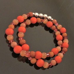 Bracelet perles ton corail - Oeil de chat - Cristal swarovski - Bois - Argent 925