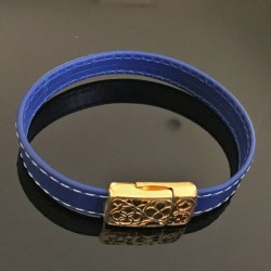 Bracelet en cuir bleu fermoir aimanté doré or fin 24 carats