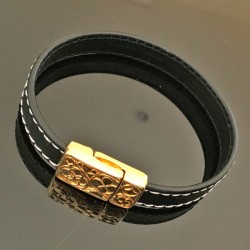 Bracelet en cuir noir fermoir aimanté doré or fin 24 carats