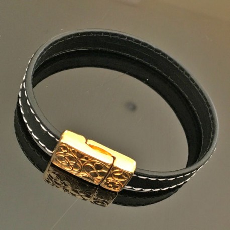 Bracelet en cuir noir fermoir aimanté doré or fin 24 carats