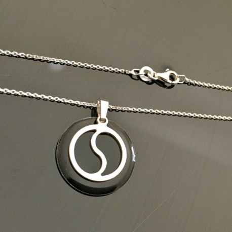 Collier yin yang en argent 925/000 et émail noir pendentif sur chaine